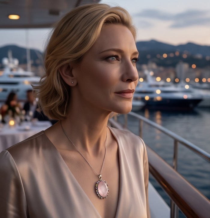 Brazilian Beauty 28.5 carat ROSE QUARTZ rhodium over .925 Sterling Silver handcrafted pendant - Side view of woman wearing rose quartz pendant on a yacht.