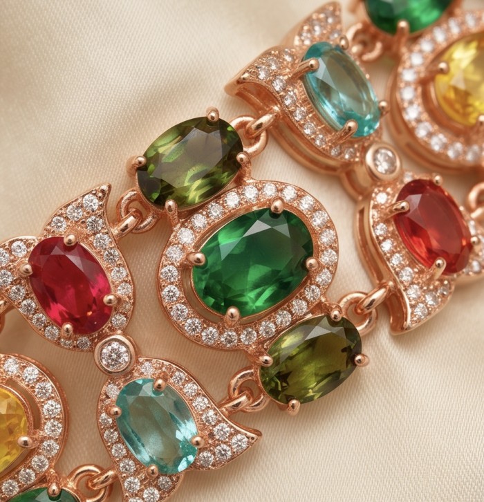 Tutti Frutti 28.5 CARAT MULTIGEM 18K Rose Gold over .925 Sterling Silver brilliantly handcrafted Bracelet - Close-up of Tutti Frutti multigem bracelet with 18K rose gold design