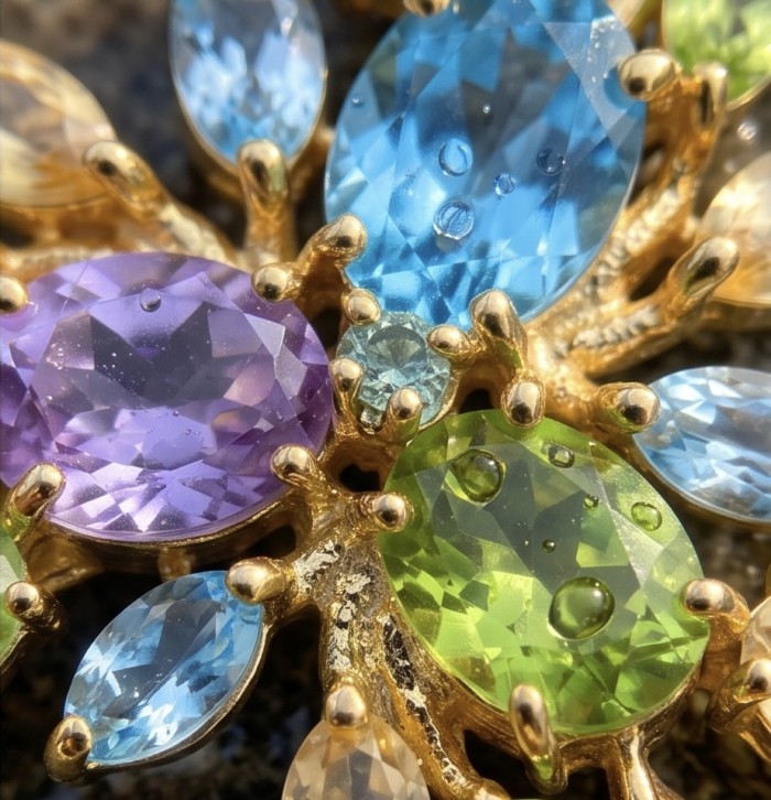 Colors of the Earth Precious 18.5 carat Multigem 18K Gold over .925 Sterling Silver Statement Pendant - Stone close-up of Colors of the Earth multigem 18K gold jewelry.