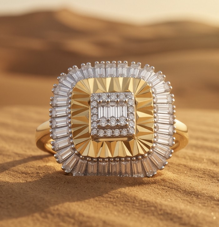 Art Deco 2.2 carat White Topaz 14K Gold over .925 Silver handcrafted Cocktail Ring s. 9 - Close-up of Art Deco ring with white topaz and gold in sand backdrop