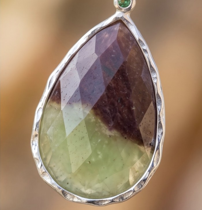 Large Unique genuine Chrysoprase rhodium over .925 Sterling Silver handmade earrings - Close-up of large Peruvian gemstone pendant in sterling silver setting