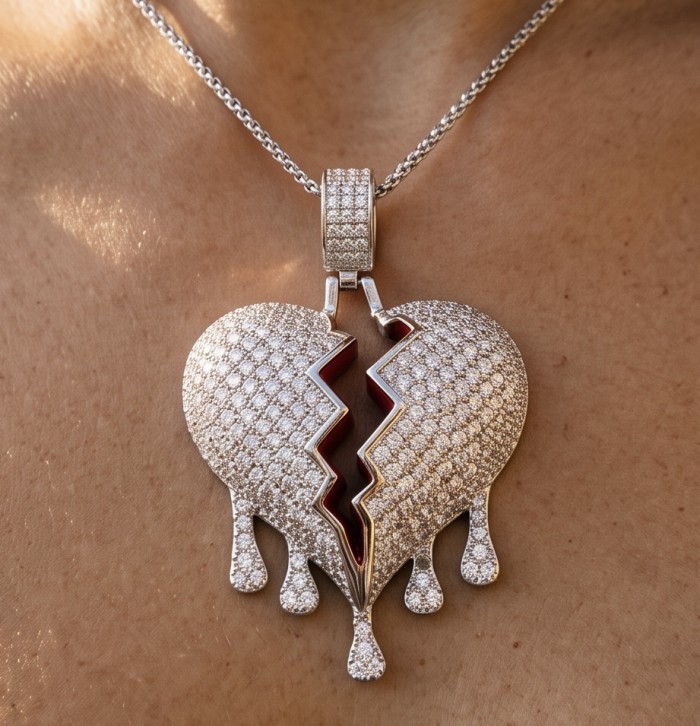 Melting Heart Luxurious 12.4 carat White Topaz .925 Sterling Silver handcrafted pendant - Worn view of Melting Heart luxury pendant with white topaz stones.