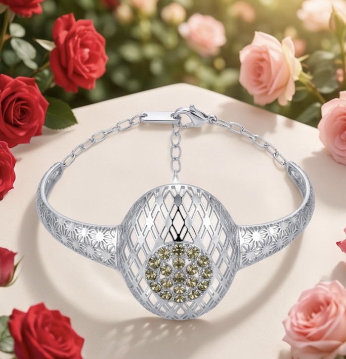 Casablanca - authentic 2.2 carat Morganite Peridot .925 Sterling Silver Bracelet - Bracelet with ornate lattice design, surrounded by red and pink roses