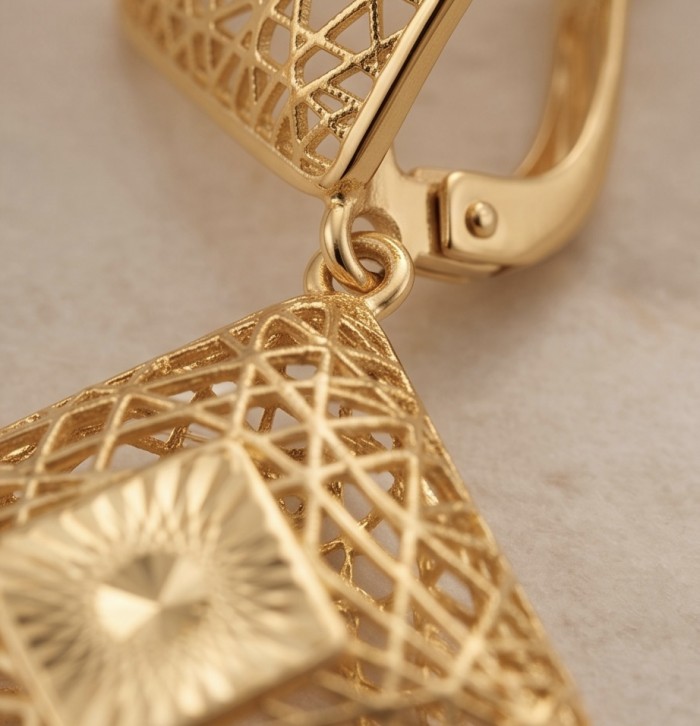 Golden Dubai Style - .925 Sterling Silver dipped in 22K Gold handmade Earrings - Clasp detail of golden Dubai style .925 sterling silver earring.