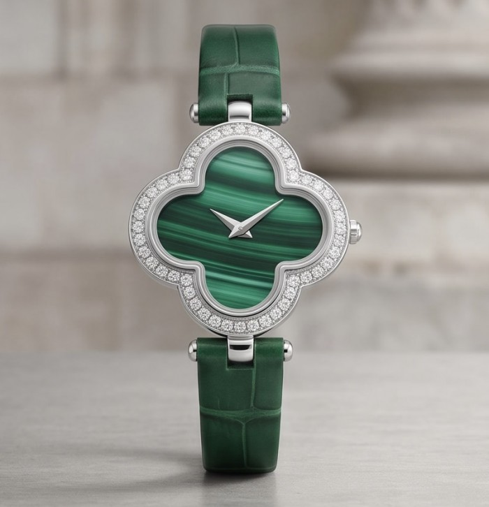 Precious 18.5 carat Authentic Four Leaf Clover Malachite Genuine Leather strap .925 Sterling Silver handmade Watch - Front view of green four-leaf clover watch with diamond-studded bezel