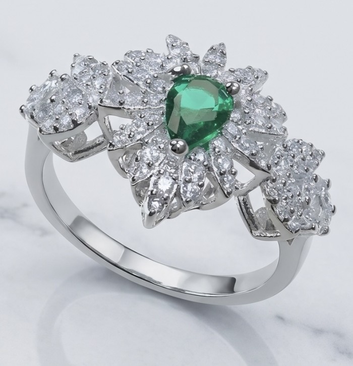 Estelle - Authentic 1.9 carat COLOMBIAN EMERALD rhodium over .925 Sterling Silver handcrafted Ring size 7 - Close-up of Estelle ring with Colombian emerald and diamonds.