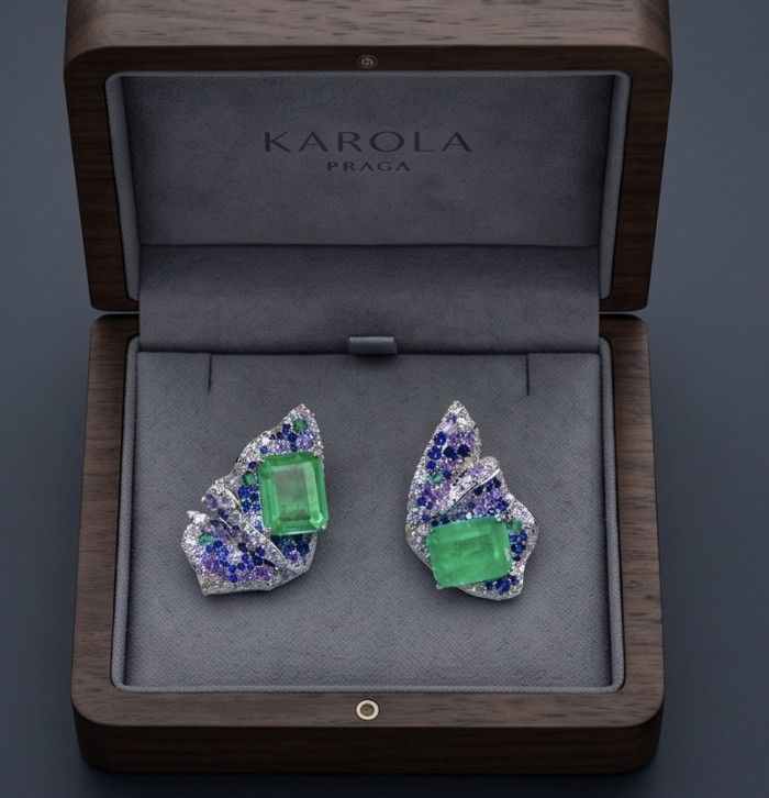 Valentina 12.2 carat Colombian Emerald .925 Sterling Silver dipped in rhodium Statement handcrafted earrings - Emerald earrings in open box, top view, sterling silver design.