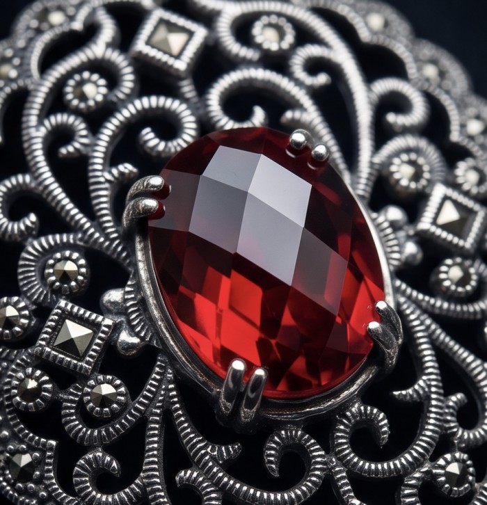 Vintage Style - Precious - Genuine 14.5 carat Ruby Marcasite Rhodium over .925 Sterling Silver handmade Pendant - Close-up of vintage-style ruby and marcasite intricate metalwork.