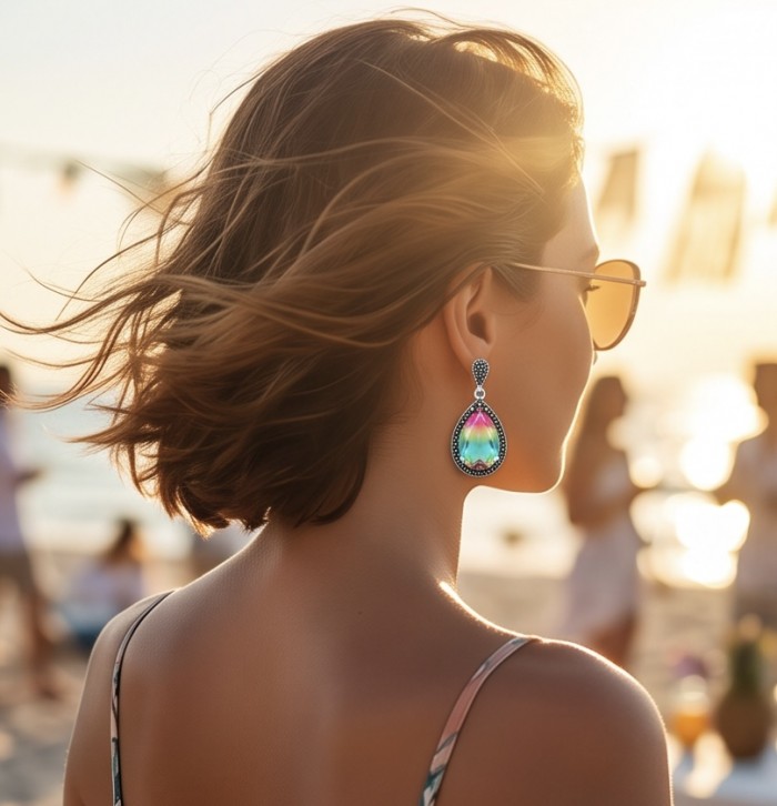 Rainbow authentic 25.5 carat Tourmaline rhodium over .925 Sterling Silver handcrafted Statement Earrings - Side view of woman wearing rainbow tourmaline earrings on the beach