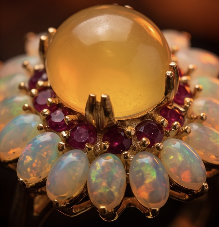Real Art! - Luxurious 11.9 carat Yellow Sapphire 18K Gold over .925 Sterling Silver handcrafted Ring s. 8 - Close-up of a yellow sapphire ring with opals and rubies in 18K gold.