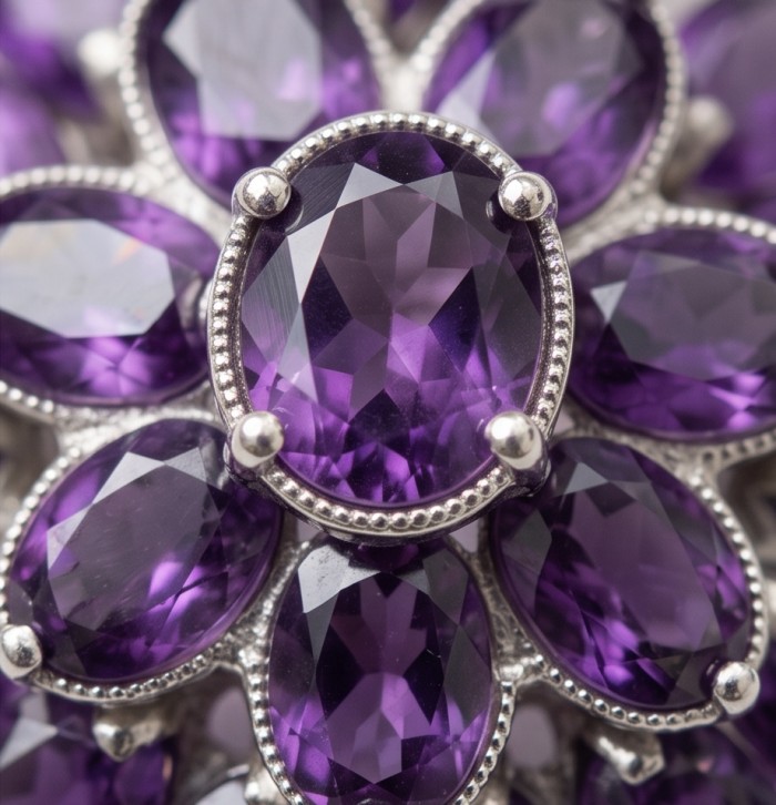 Mademoiselle - 18.5 carat natural Amethyst .925 Sterling Silver dipped in rhodium handcrafted Pendant - Close-up of Mademoiselle amethyst stones set in sterling silver.
