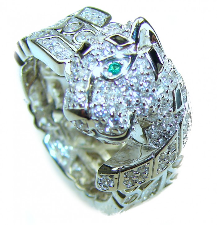 Panthère 4.5 carat Emerald black enamel .925 Sterling Silver handcrafted Statement Ring size 6 - photo 1