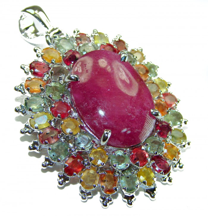 Precious Genuine 27.5 carat Ruby multicolor Sapphire .925 Sterling Silver handmade Pendant - Brooch - photo 3