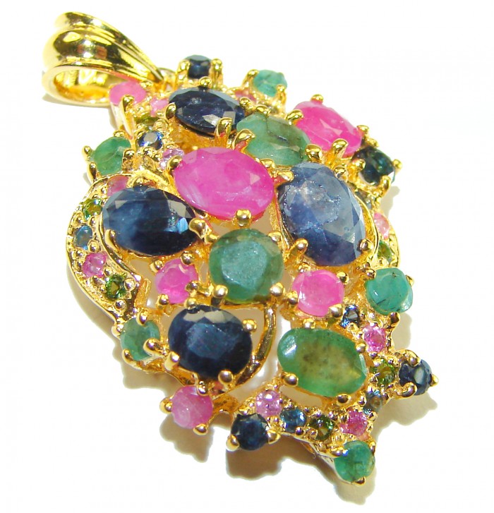 Giovanna - Authentic 15.5 carat Ruby 18K Gold over .925 Sterling Silver handcrafted Pendant - Close-up of gemstone pendant with rubies in 18K gold setting