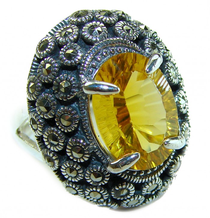 Golden Royalty 14.5 carat Citrine Marcasite .925 Sterling Silver Handcrafted Huge Ring size 8 - Close-up of Golden Royalty citrine and marcasite sterling silver ring.