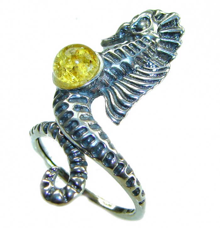 Seahorse Real Baltic Amber .925 Sterling Silver Bali handmade ring size 6 - Seahorse ring with amber, side view, in .925 Sterling Silver