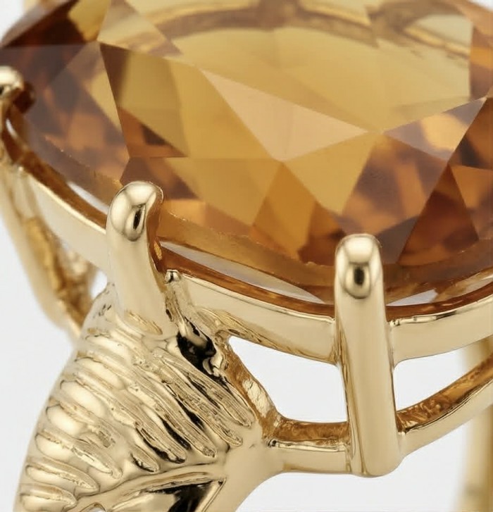 Liliana 21.5 carat Champagne Smoky Topaz .925 Sterling Silver dipped in Real 18K Gold Oversized Ring size 10 - Close-up of champagne smoky topaz in gold setting.
