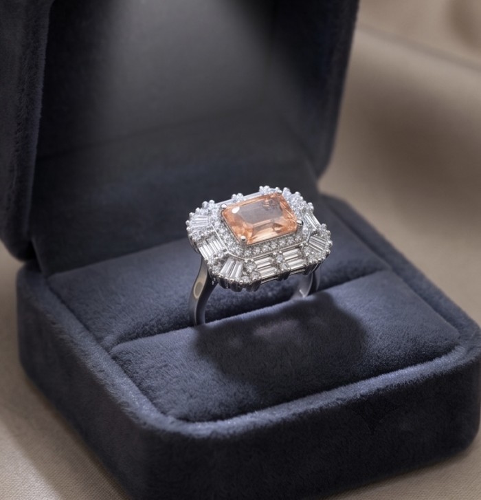 Isabella Authentic emerald cut 4.8 carat Morganite .925 Sterling Silver ring s. 6 1/4 - Emerald cut 4.8 carat Morganite ring in box, top view.