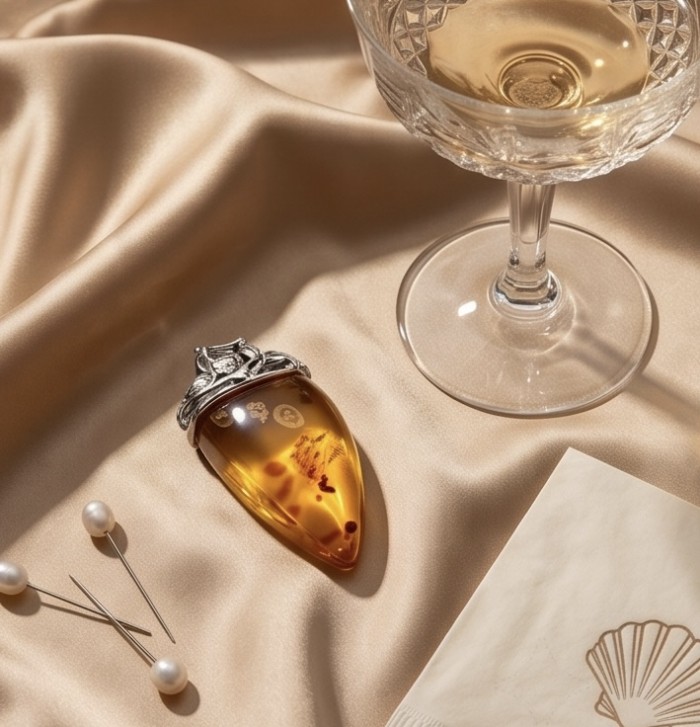 Massive Prehistoric Authentic Golden Baltic Amber rhodium over .925 Sterling Silver beautifully handcrafted Pendant - Golden Baltic Amber pendant with pins and glass on satin fabric.