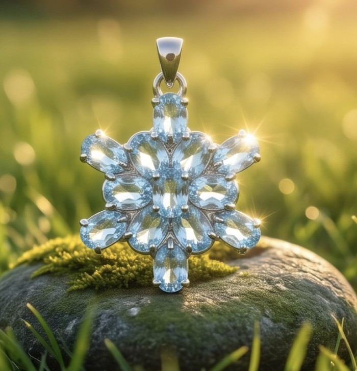 Blue Star 11.4 carat genuine Swiss Blue Topaz .925 Sterling Silver handmade Statement Pendant - Blue topaz pendant on rock, sunlit background, front view