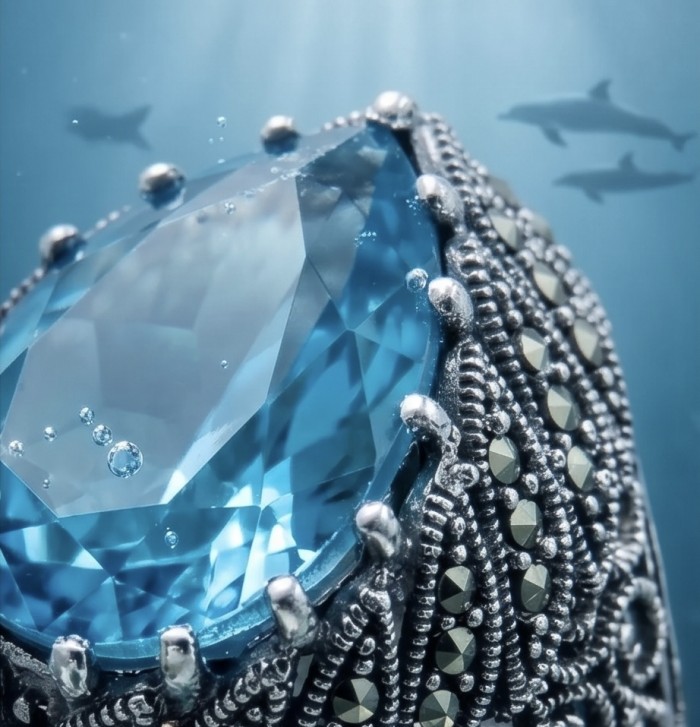 Massive Deep Blue 18.8 carat Aquamarine .925 Sterling Silver handcrafted ring size 7 - Close-up of a massive deep blue aquamarine set in ornate sterling silver.
