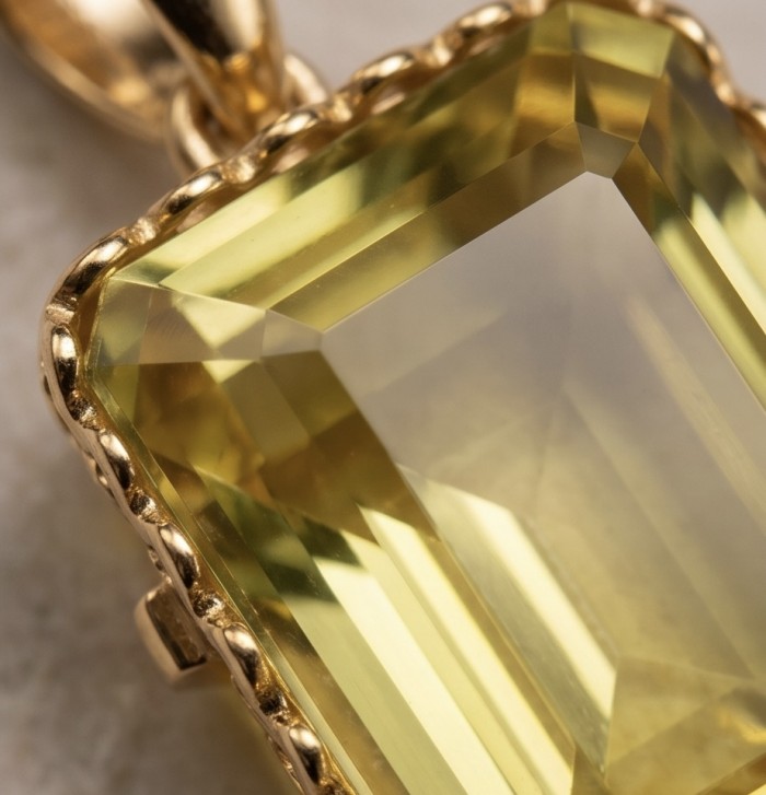 Emerald cut 10.3 carat Lemon Quartz 18K Gold over .925 Sterling Silver handcrafted pendant - Close-up of emerald cut Lemon Quartz pendant with gold setting.