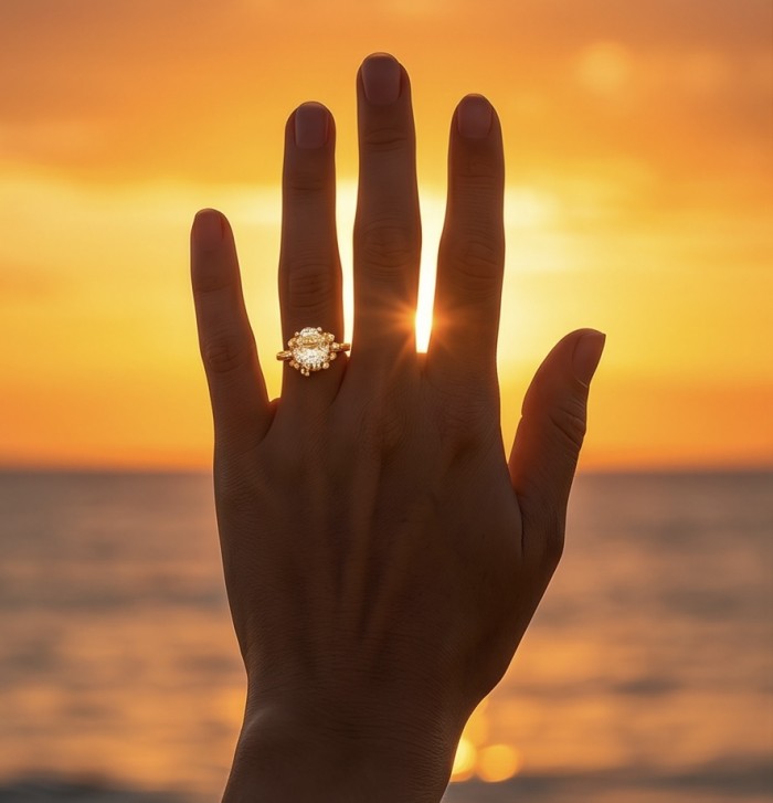 4.2 carat Brazilian Citrine orange Sapphire 18K Gold over .925 Sterling Silver handcrafted ring; s. 8 - Citrine ring on hand with sunset background, 18K gold, 4.2 carat.