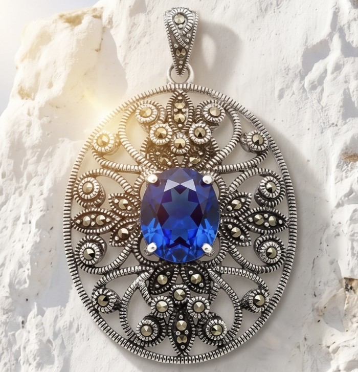 Pacifica fancy oval cut 8.5 carat London Blue Topaz .925 Sterling Silver handmade Pendant - Pacifica pendant with oval blue topaz, front view on textured background.