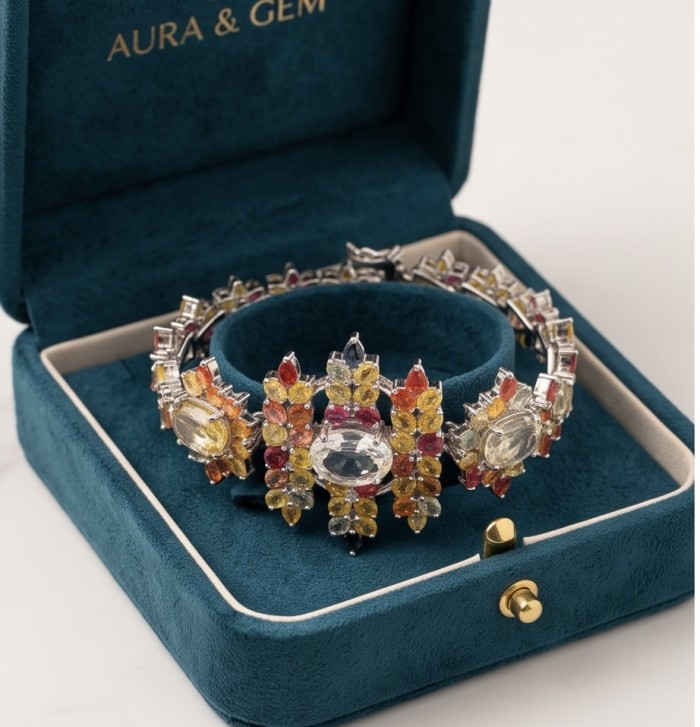 Victoria Authentic 55.5 carat multicolor Sapphire .925 Sterling Silver brilliantly dipped in Rhodium handcrafted Statement Bracelet - Multicolor sapphire bracelet in box, top view