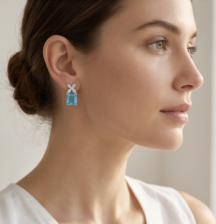 Stella 3.8 carat Swiss Blue Topaz .925 Sterling Silver handmade Earrings - Side profile wearing Stella Swiss Blue Topaz earrings in sterling silver