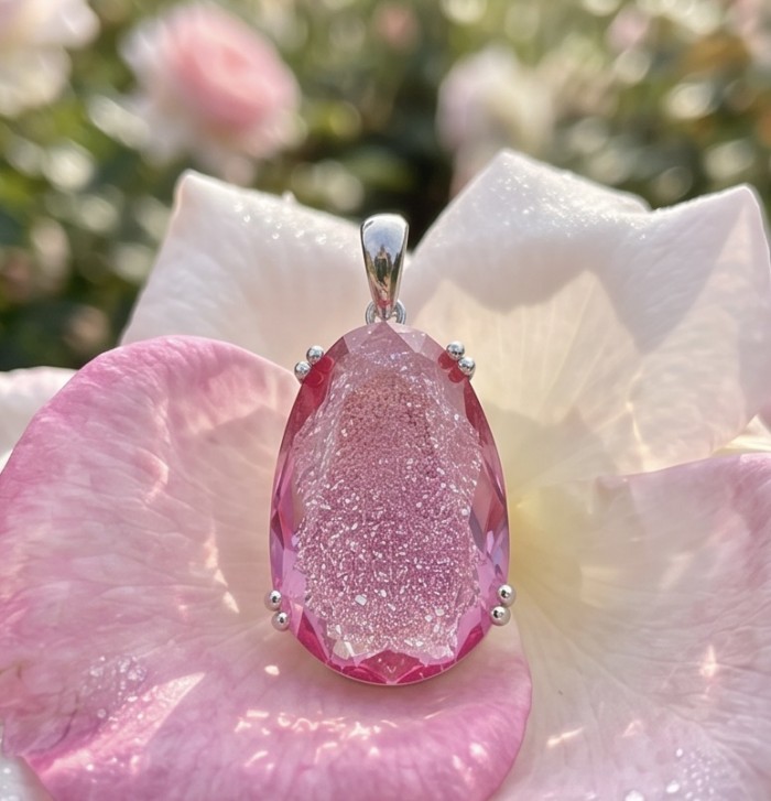 Angelina 10.9 carat authentic Pink Tourmaline .925 Sterling Silver Handcrafted handmade Pendant - Close-up of pink tourmaline pendant on pink petals.