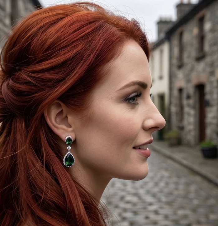 Tiffany - Authentic 15.5 CARAT Siberian Chrome Diopside rhodium over .925 Sterling Silver handcrafted earrings - Side view of earrings with green chrome diopside stones worn by model
