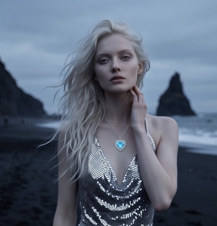 Endless Love 10.5 carat Swiss Blue Topaz .925 Sterling Silver Handcrafted necklace - Model wearing Endless Love blue topaz necklace on a beach backdrop.