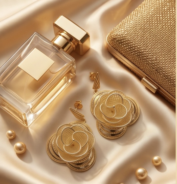 Dubai Style - .925 Sterling Silver dipped in 22K Gold handmade Earrings - Gold floral earrings and perfume bottle on satin background