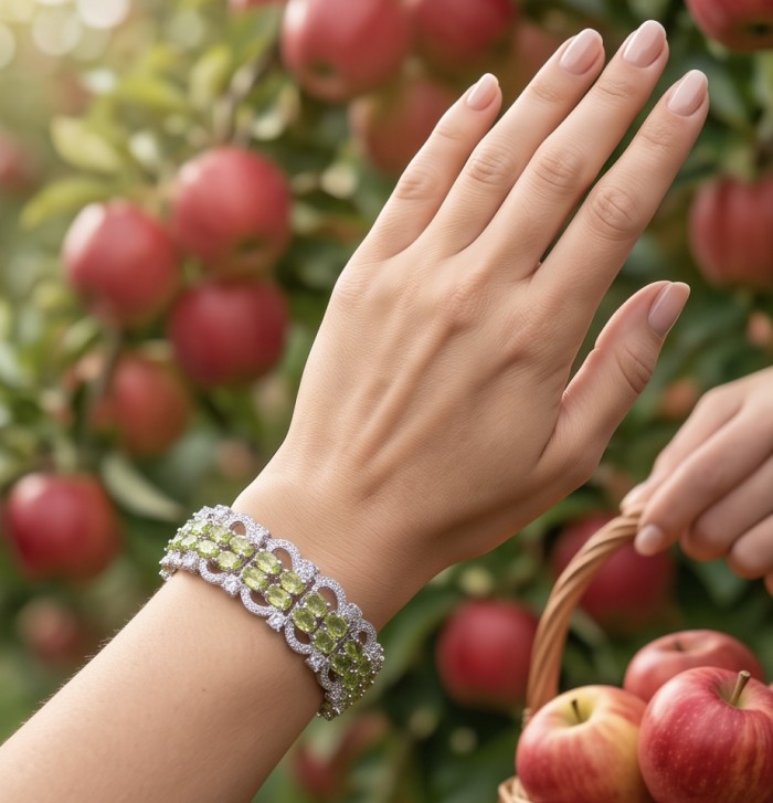 Vittoria Natural 47.8 carat Brazilian Peridot Rhodium over .925 Sterling Silver handmade Statement Bracelet - Peridot bracelet on hand, apples in background.
