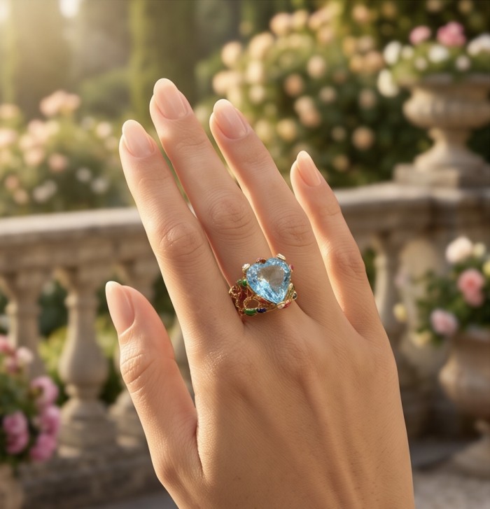 Blue Heart Natural fancy cut 11.8 carat Swiss Blue Topaz Enamel .925 Sterling Silver dipped in 22K Gold handmade Statement Ring size 6 - Blue heart-cut topaz ring, 11.8 carats, worn on hand in garden setting.