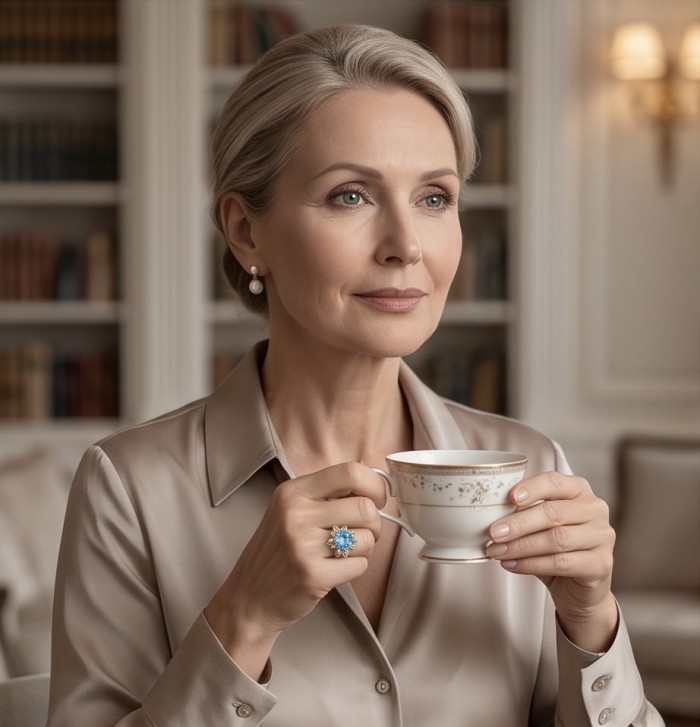Blue Wonder Natural 8.8 carat Swiss Blue Topaz .925 Sterling Silver dipped in 22K Gold handmade Statement Ring size 7 - Blue topaz ring worn on hand, person holding teacup, side view
