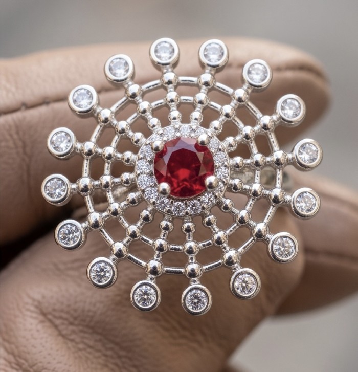 Bella Rosa Genuine 0.4 CARAT Ruby rhodium over .925 Sterling Silver Statement Ring size 7 - Close-up of Bella Rosa Ruby ring with intricate design details.