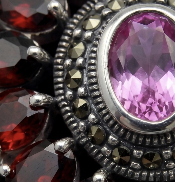 Giovanna 22.2 carat authentic Mozambique Ruby Marcasite .925 Sterling Silver handmade Pendant - Close-up of Giovanna 22.2 carat Mozambique Ruby Marcasite jewelry