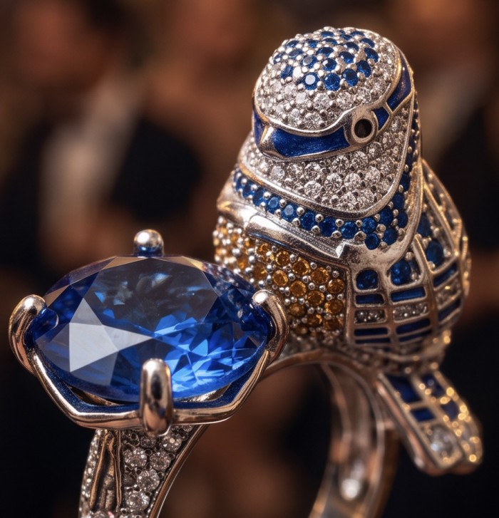 Blue Bird 6.8 carat genuine Sapphire .925 Sterling Silver dipped in Rhodium Ring size 7 - Close-up of Blue Bird sapphire ring with intricate gemstone detailing