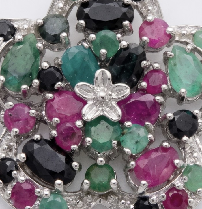 Deluxe 22.2 carat authentic Sapphire Emerald Ruby rhodium over .925 Sterling Silver handmade Statement Pendant - Stone close-up of Deluxe 22.2 carat Sapphire Emerald Ruby rhodium piece