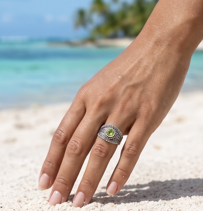 Garden 3.9 carat authentic Himalayan Peridot .925 Sterling Silver Handcrafted Statement Ring size 8 - Hand wearing Garden 3.9 carat Himalayan Peridot ring on sandy beach