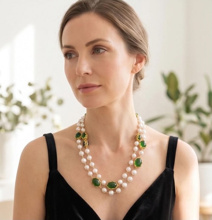Back to Nature Huge Aventurine Fluorite Jade . 925 Sterling Silver handmade necklace - Woman wearing double-strand pearl and green stone necklace, front view.