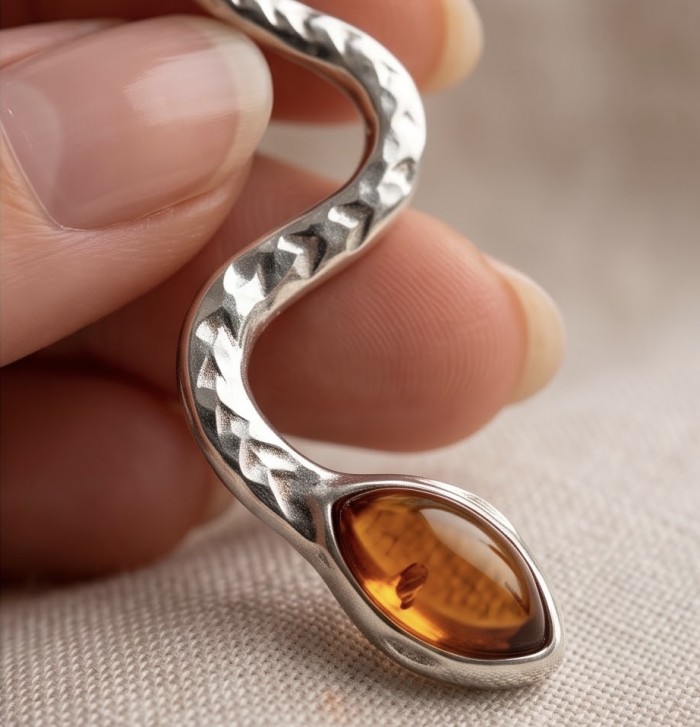 SEAHORSE Style genuine green Baltic Amber .925 Sterling Silver earrings - Close-up of silver seahorse pendant with amber stone detailing.