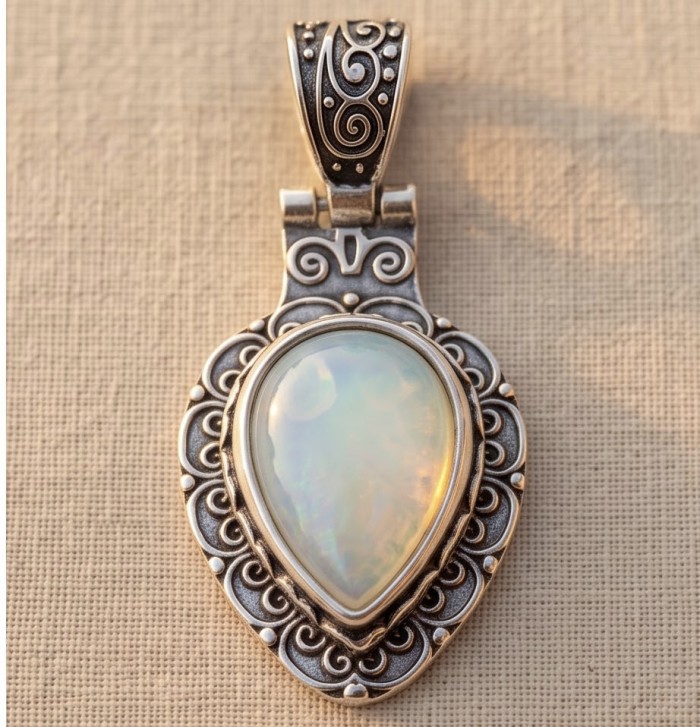 Incredible Design Opalite .925 Silver handmade Necklace - Opalite silver necklace close-up with intricate design detailing.