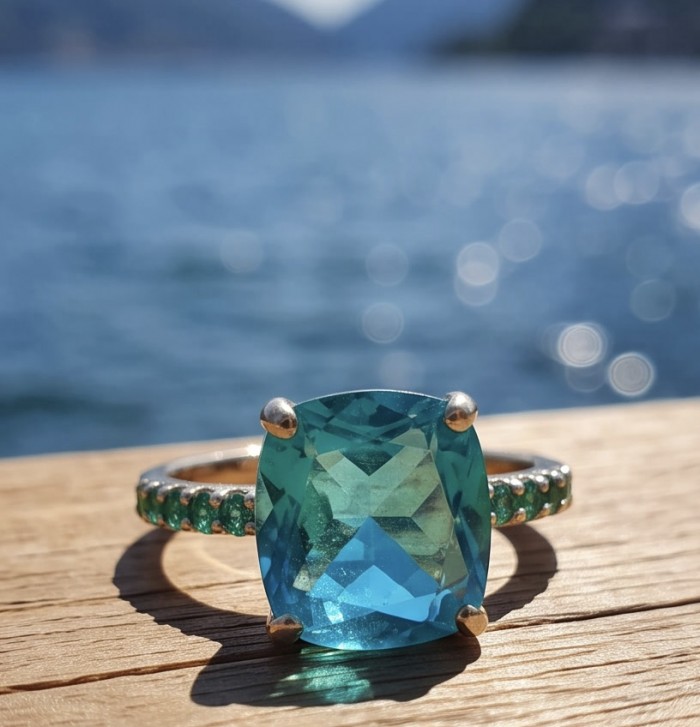 Angelina 8.9 carat authentic Aquamarine 14K Gold over .925 Sterling Silver Handcrafted Ring size 6 1/4 - Aquamarine ring close-up on wooden surface by the water