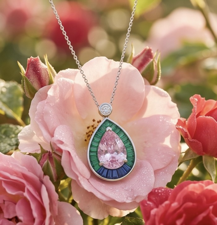 Emily - Art Deco - Precious genuine 10.2 carat Kunzite rhodium over .925 Sterling Silver handcrafted necklace - Close-up of Emily Art Deco Kunzite necklace on pink roses