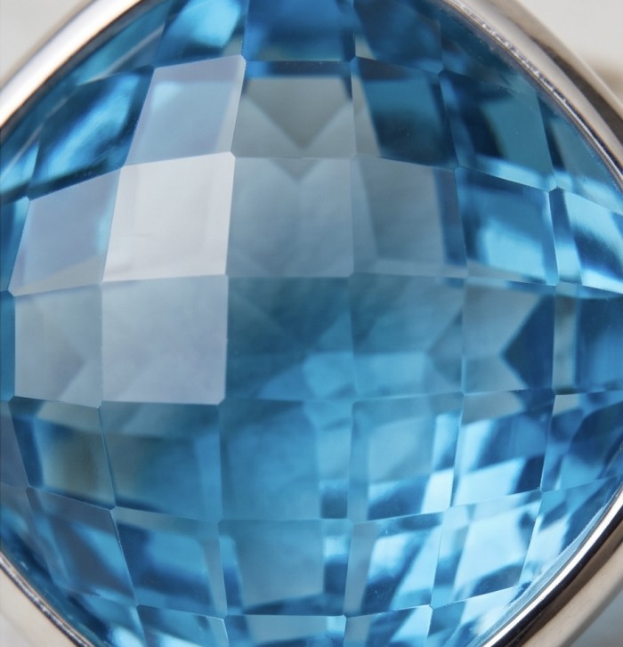 Stella 10.8 carat authentic Swiss Blue Topaz .925 Sterling Silver handmade Earrings - Close-up of 10.8 carat Swiss Blue Topaz in .925 sterling silver setting