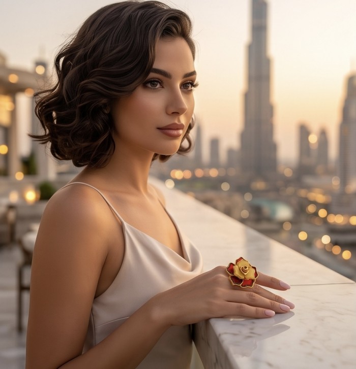 Golden Rose Natural Baltic Polish Amber .925 Sterling Silver dipped in 22K Gold handcrafted Large Statement Ring size 7 - Woman wearing a large rose ring in a cityscape setting