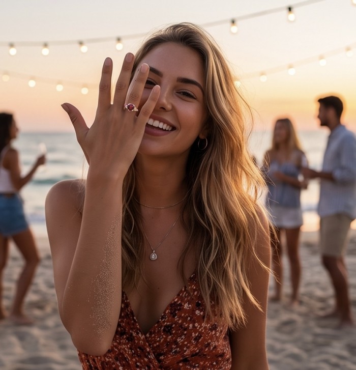 Red Heart 4.8 carat natural Garnet rhodium over .925 Sterling Silver Handcrafted Ring size 7 - Woman showing red heart garnet ring on hand at beach party.